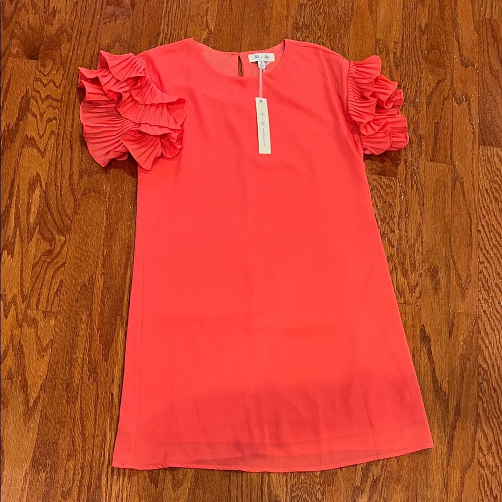 She + Sky Coral Ruffled Sleeve Midi Dress